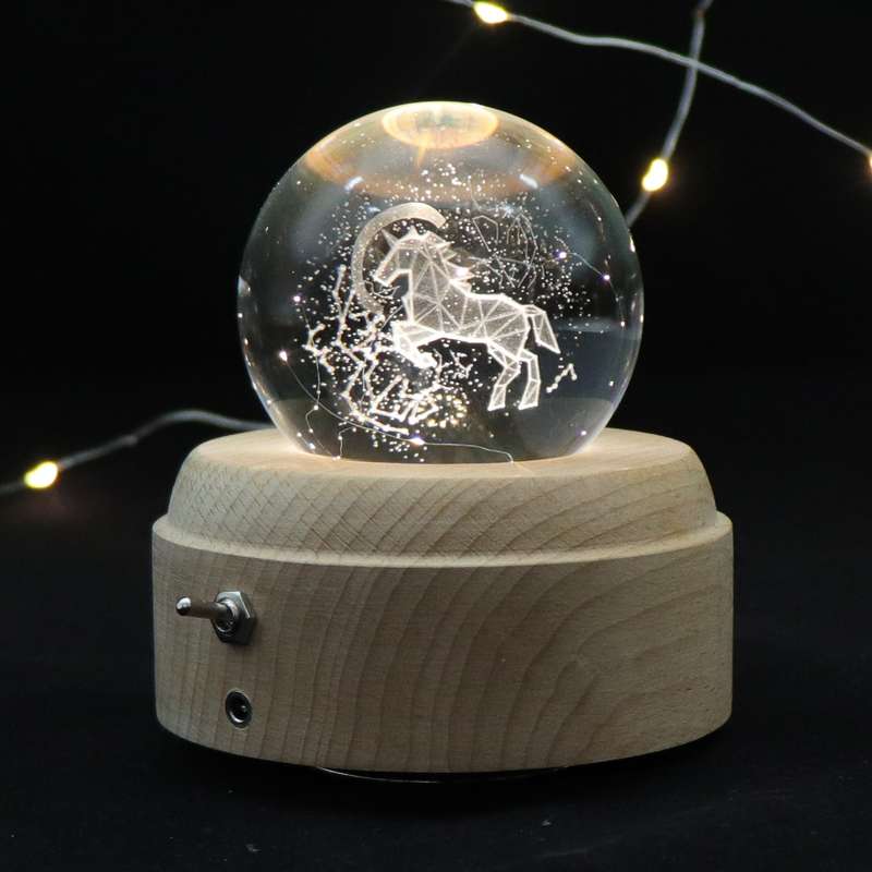 Girl Bedside Lamp Crystal Ball Wooden Base Music Box Charging Glow Rotating Night Light, Random Musi