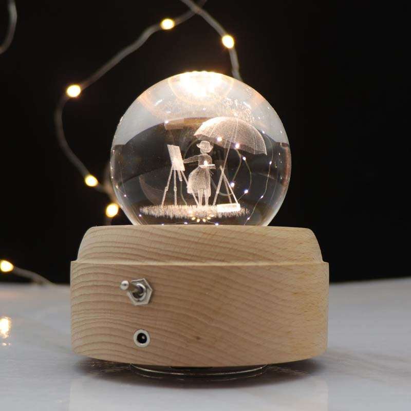Girl Bedside Lamp Crystal Ball Wooden Base Music Box Charging Glow Rotating Night Light, Random Musi