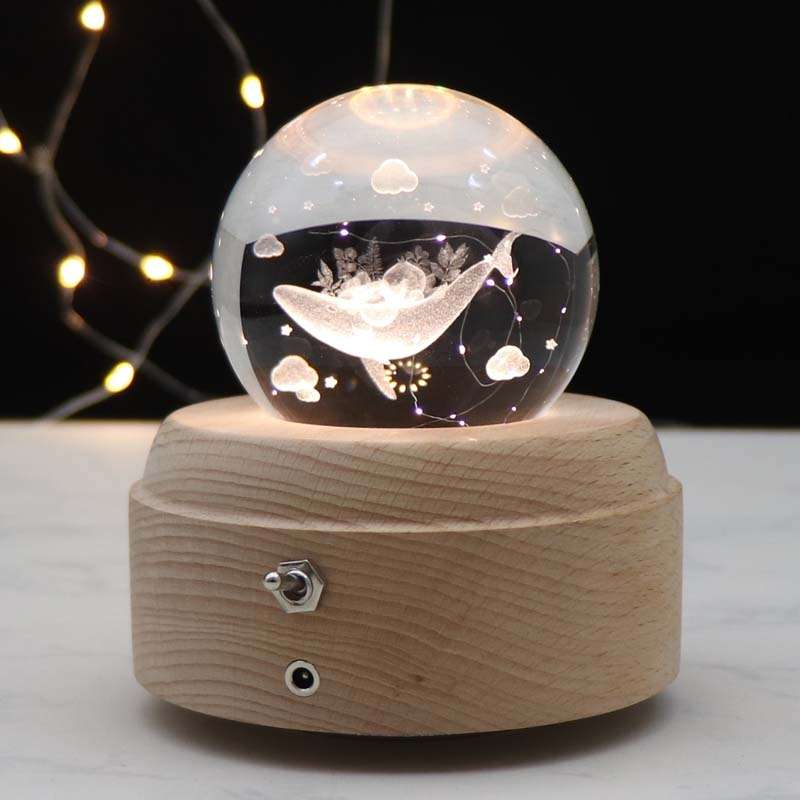 Girl Bedside Lamp Crystal Ball Wooden Base Music Box Charging Glow Rotating Night Light, Random Musi