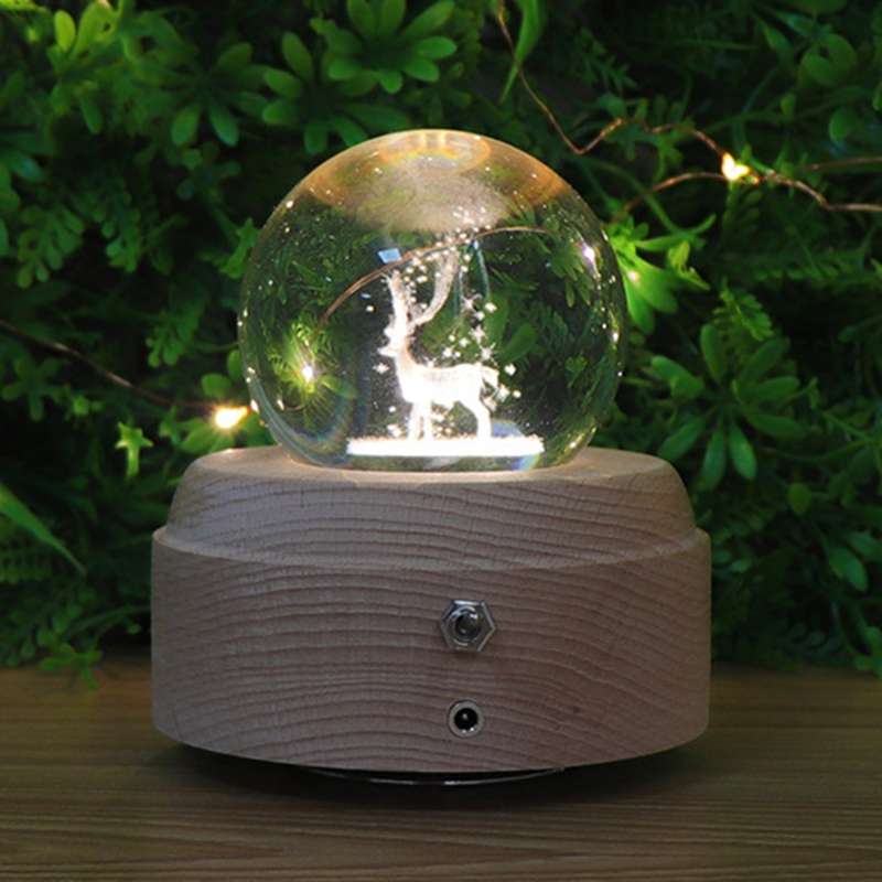 Girl Bedside Lamp Crystal Ball Wooden Base Music Box Charging Glow Rotating Night Light, Random Musi