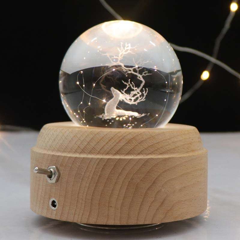 Girl Bedside Lamp Crystal Ball Wooden Base Music Box Charging Glow Rotating Night Light, Random Musi