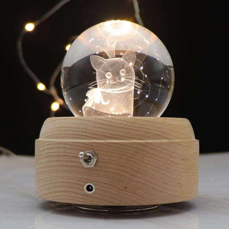 Girl Bedside Lamp Crystal Ball Wooden Base Music Box Charging Glow Rotating Night Light, Random Musi