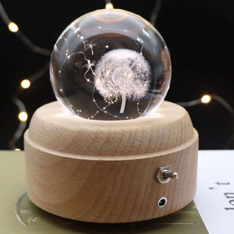 Girl Bedside Lamp Crystal Ball Wooden Base Music Box Charging Glow Rotating Night Light, Random Musi