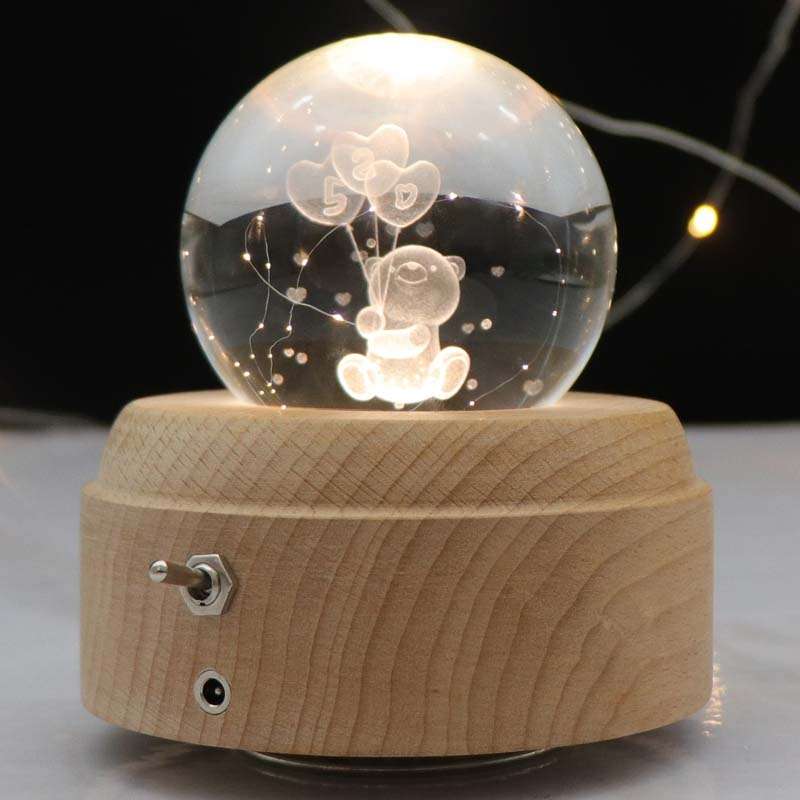 Girl Bedside Lamp Crystal Ball Wooden Base Music Box Charging Glow Rotating Night Light, Random Musi