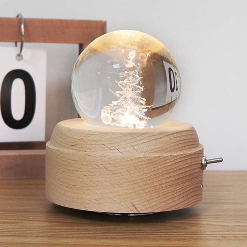 Girl Bedside Lamp Crystal Ball Wooden Base Music Box Charging Glow Rotating Night Light, Random Musi