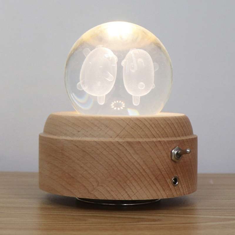 Girl Bedside Lamp Crystal Ball Wooden Base Music Box Charging Glow Rotating Night Light, Random Musi
