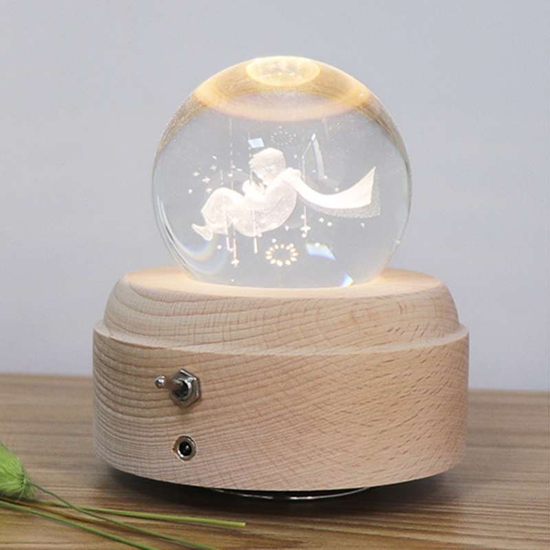 Girl Bedside Lamp Crystal Ball Wooden Base Music Box Charging Glow Rotating Night Light, Random Musi
