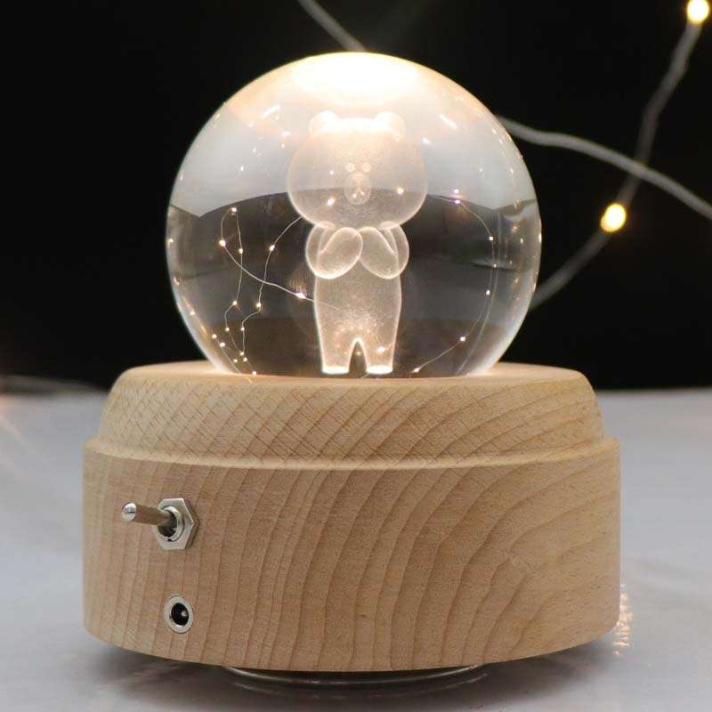 Girl Bedside Lamp Crystal Ball Wooden Base Music Box Charging Glow Rotating Night Light, Random Musi