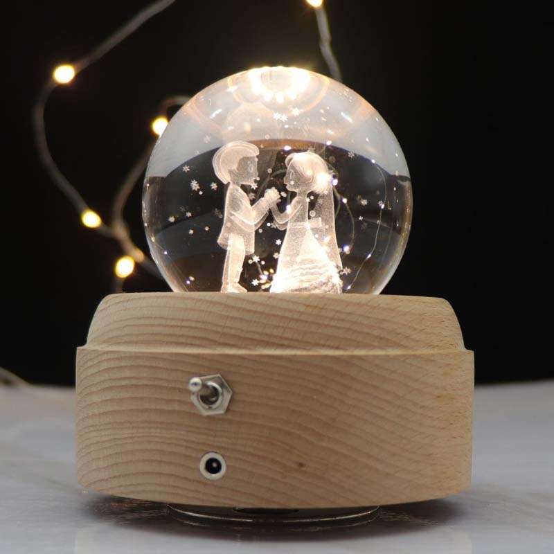 Girl Bedside Lamp Crystal Ball Wooden Base Music Box Charging Glow Rotating Night Light, Random Musi