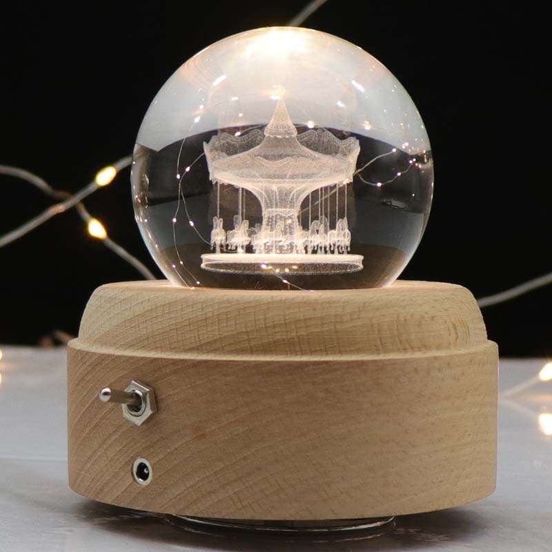 Girl Bedside Lamp Crystal Ball Wooden Base Music Box Charging Glow Rotating Night Light, Random Musi