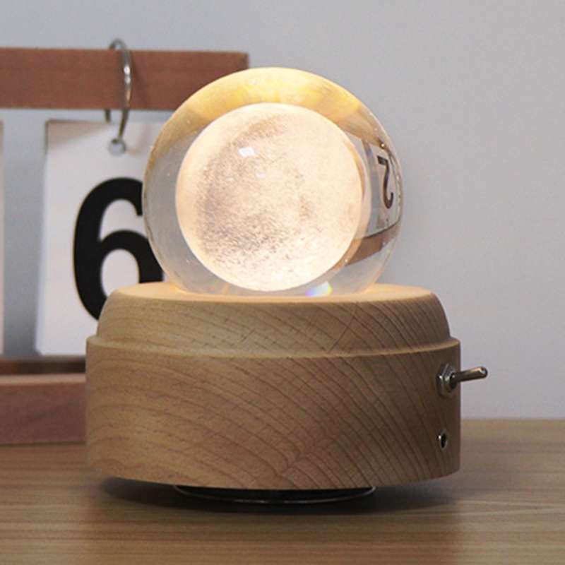 Girl Bedside Lamp Crystal Ball Wooden Base Music Box Charging Glow Rotating Night Light, Random Musi