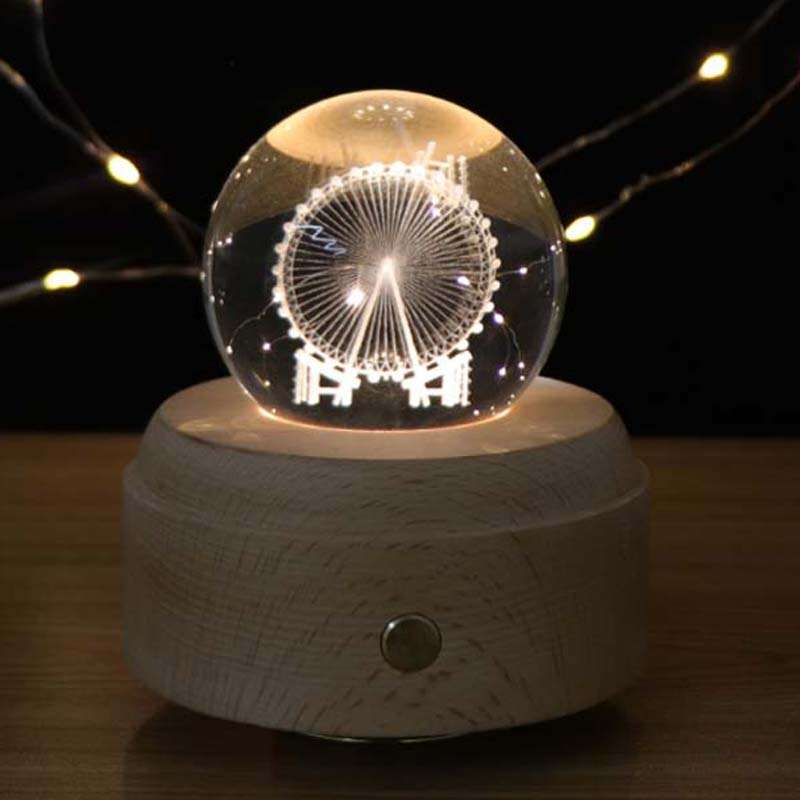 Girl Bedside Lamp Crystal Ball Wooden Base Music Box Charging Glow Rotating Night Light, Random Musi