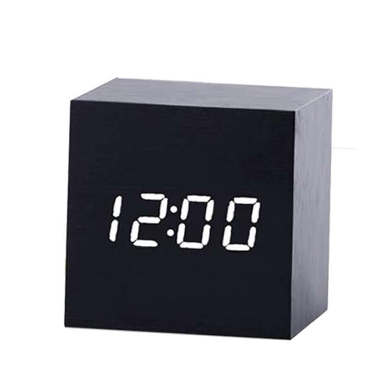 Multicolor Sounds Control Wooden Clock Modern Digital LED Desk Alarm Clock Thermometer Timer Black W