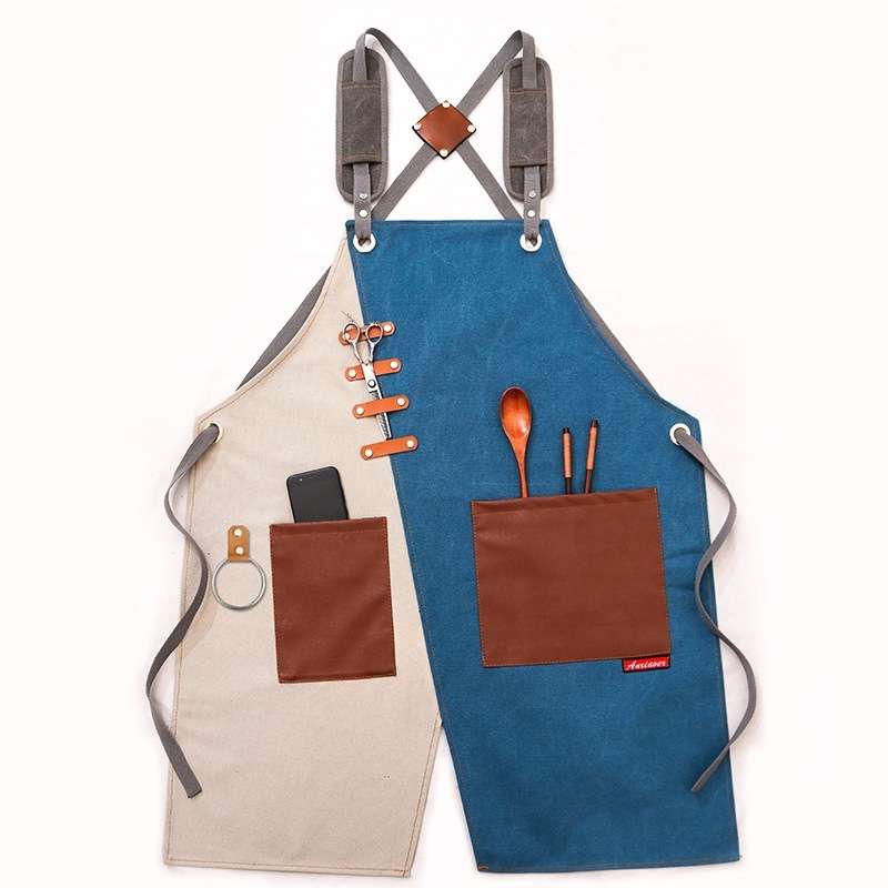 Denim Apron Barber Milk Tea Shop Waiter Overalls(Gray-yellow Shoulder Strap)