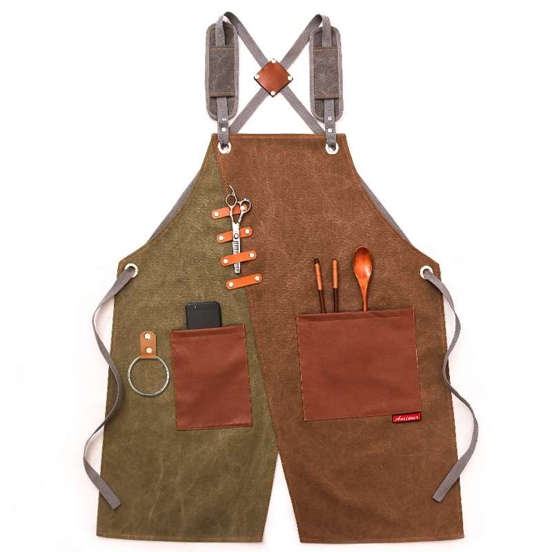 Denim Apron Barber Milk Tea Shop Waiter Overalls(Gray-yellow Shoulder Strap)