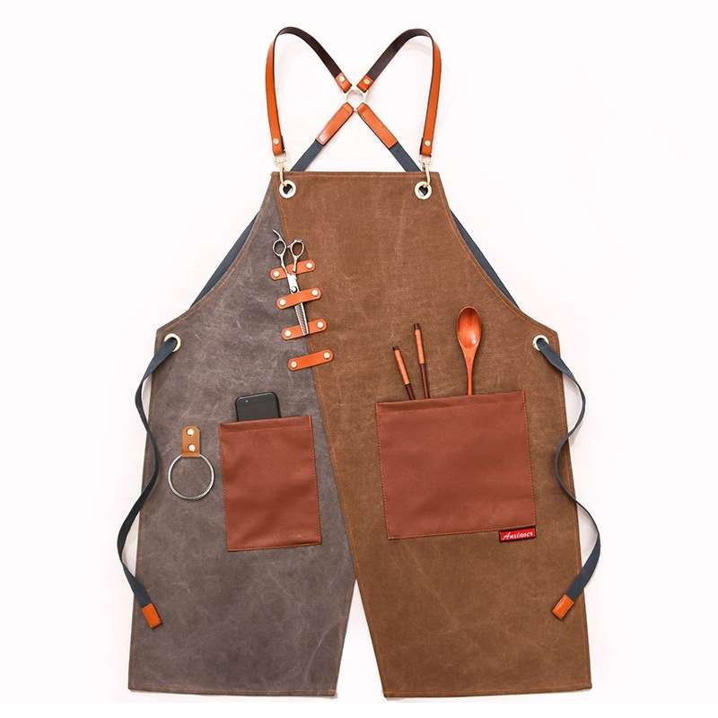 Denim Apron Barber Milk Tea Shop Waiter Overalls(Gray-yellow Shoulder Strap)