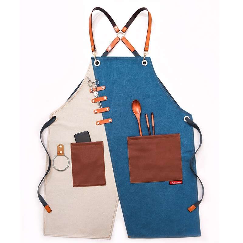 Denim Apron Barber Milk Tea Shop Waiter Overalls(Gray-yellow Shoulder Strap)
