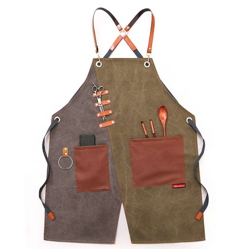 Denim Apron Barber Milk Tea Shop Waiter Overalls(Gray-yellow Shoulder Strap)