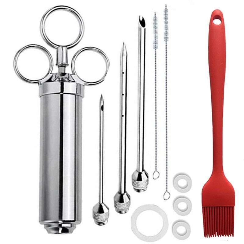 Stainless Steel Seasoning Steak Syringe Turkey Needle Set With Cleaning Silicone Brush(Blue)