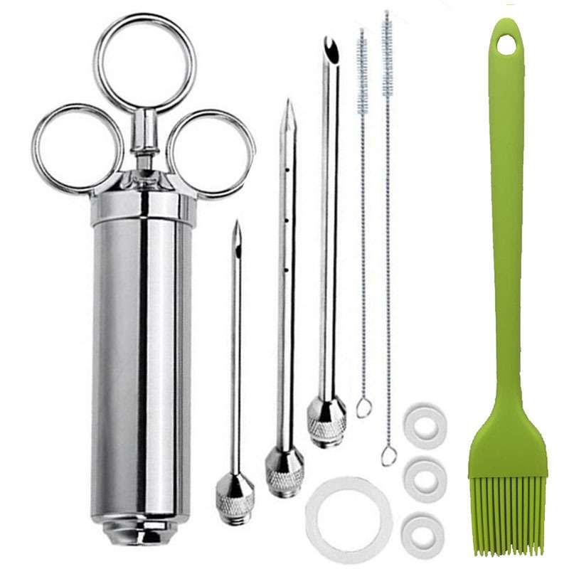 Stainless Steel Seasoning Steak Syringe Turkey Needle Set With Cleaning Silicone Brush(Blue)