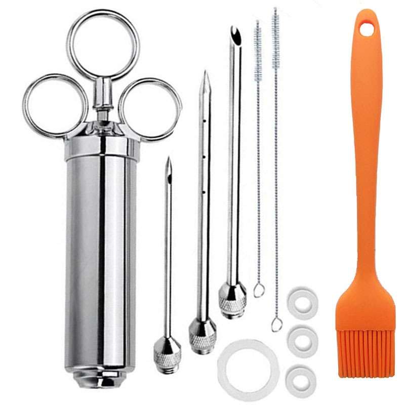 Stainless Steel Seasoning Steak Syringe Turkey Needle Set With Cleaning Silicone Brush(Blue)