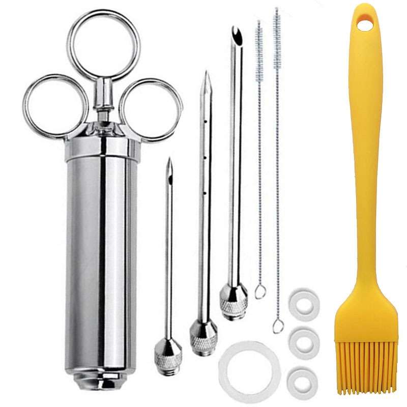 Stainless Steel Seasoning Steak Syringe Turkey Needle Set With Cleaning Silicone Brush(Blue)
