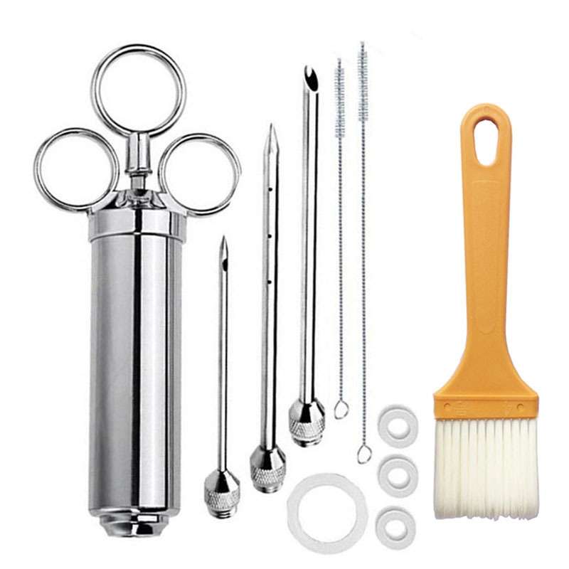 Stainless Steel Seasoning Steak Syringe Turkey Needle Set With Cleaning Silicone Brush(Blue)