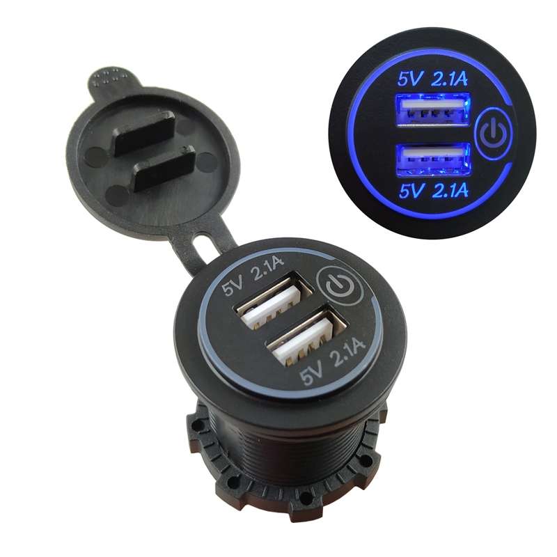 Car Motorcycle Modified Charger Double Aperture 4.2A With Touch Switch USB Car Charge(Blue Light)