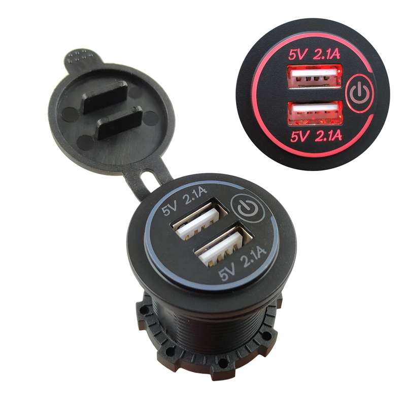 Car Motorcycle Modified Charger Double Aperture 4.2A With Touch Switch USB Car Charge(Red Light)