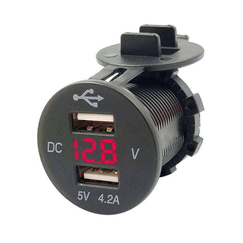 4.2A Dual USB With Voltage Display Mobile Phone Charger Socket Power Supply 12V Car Motorcycle(Red L