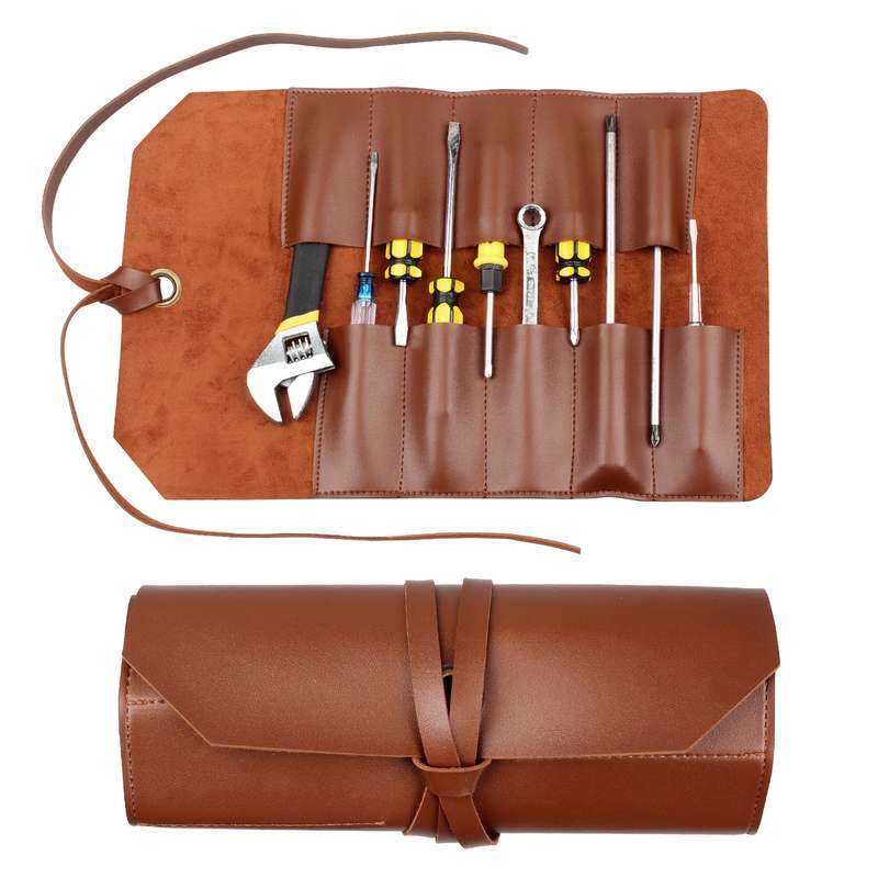 CL97 Multi-Function Toolkit Bundled Leather Tool Bag Double Thickened Two-Purpose Wrench Bag(Black)