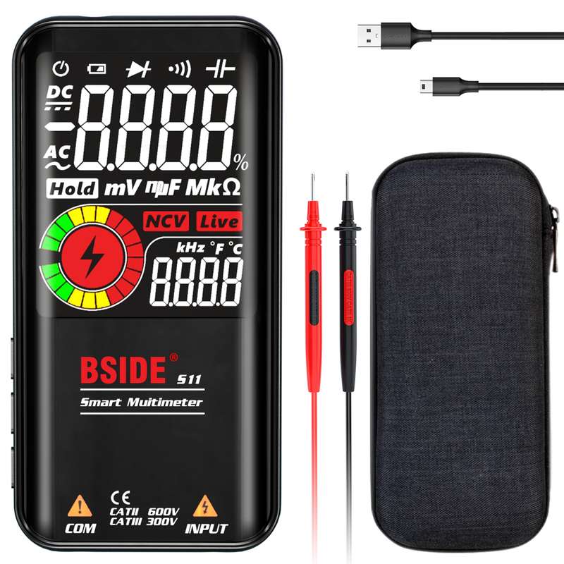 BSIDE Digital Multimeter 9999 Counts LCD Color Display DC AC Voltage Capacitance Diode Meter, Specif