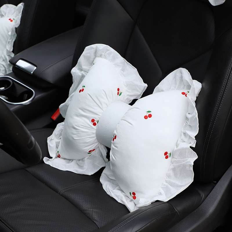 Bow Car Head Pillow Car Seat Neck Pillow Comfortable Cotton Car Supplies, Colour: Cherry Lumbar Pill
