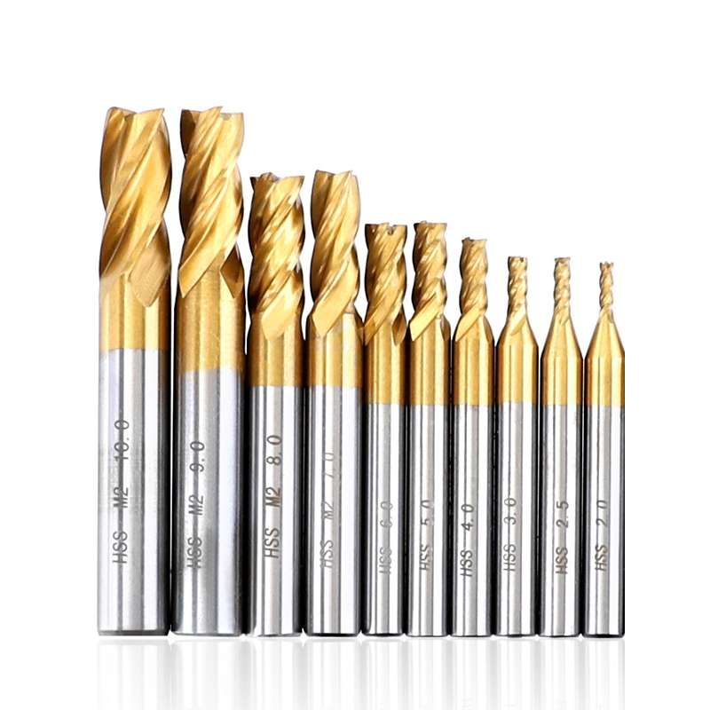10 PCS/Set High-Speed Steel And Aluminum End Face Milling Cutter With Straight Shank Titanium-Plated
