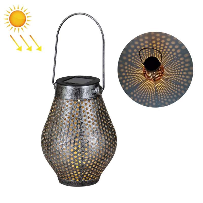 Outdoor Courtyard Wrought Iron LED Solar Portable Hollow Lantern(Copper)