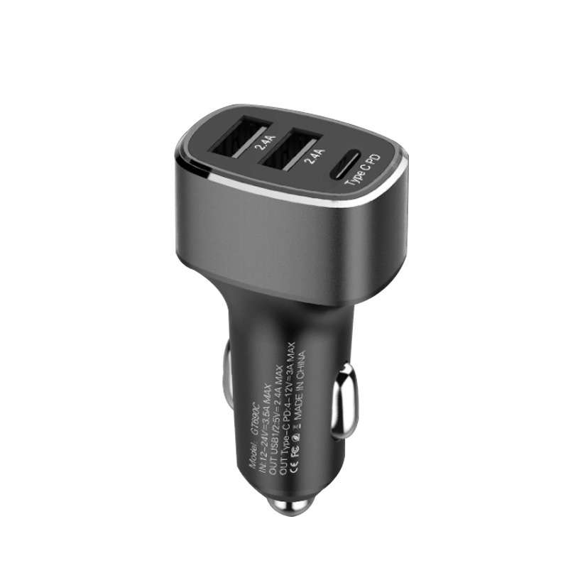 QIAKEY GT690C Dual USB + USB-C / Type-C Aluminum Alloy Three-Hole Car Charger(Gray)