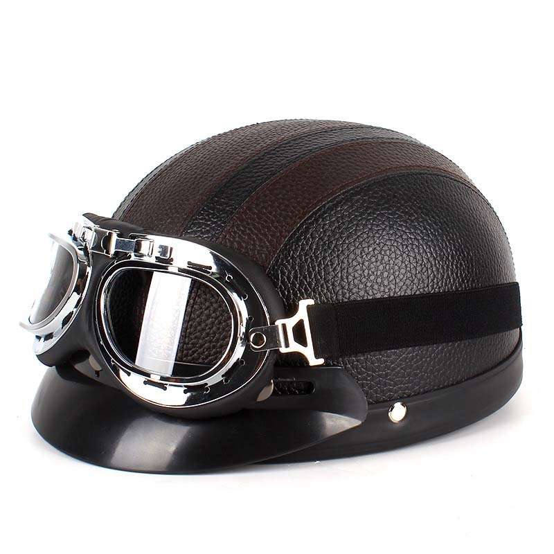 BSDDP A0318 PU Helmet With Goggles, Size: One Size(Black Brown)