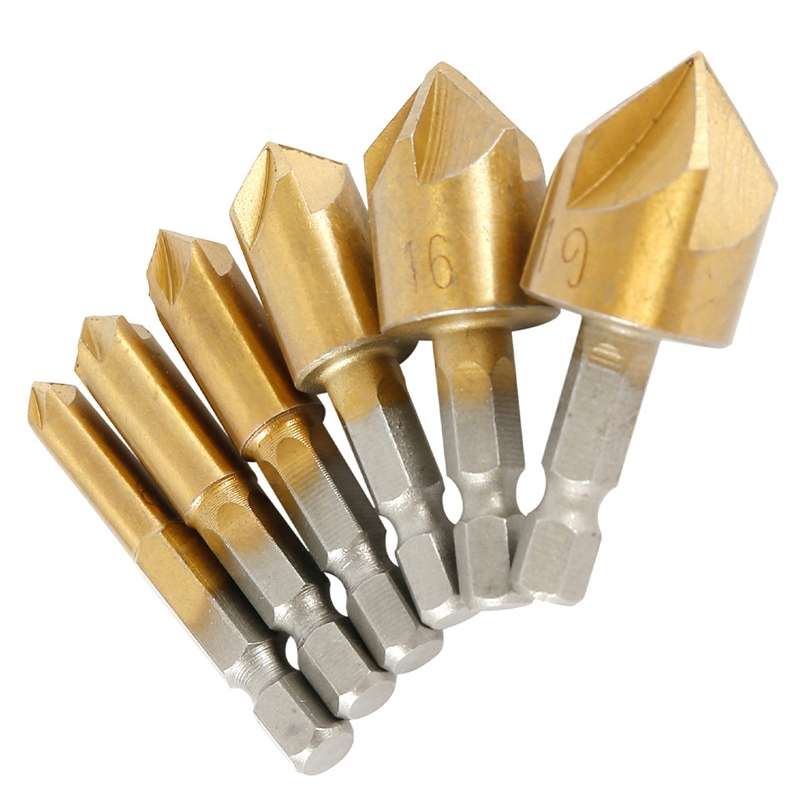 6 PCS / Set 6-19mm Hexagonal Handle Titanium-Plated Five-Blade Chamer 90 Degree Chamfer Knife Drill
