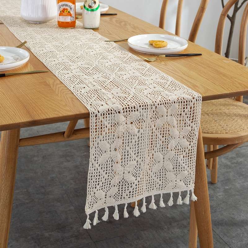 Widened And Stitched Rustic Knitted Hollow Tablecloth, Size: 30x200cm(Phoenix Double Stitching)