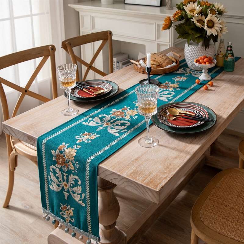 Home Vintage Flower Chenille Beads Table Runner, Size: 32x180cm(Navy)
