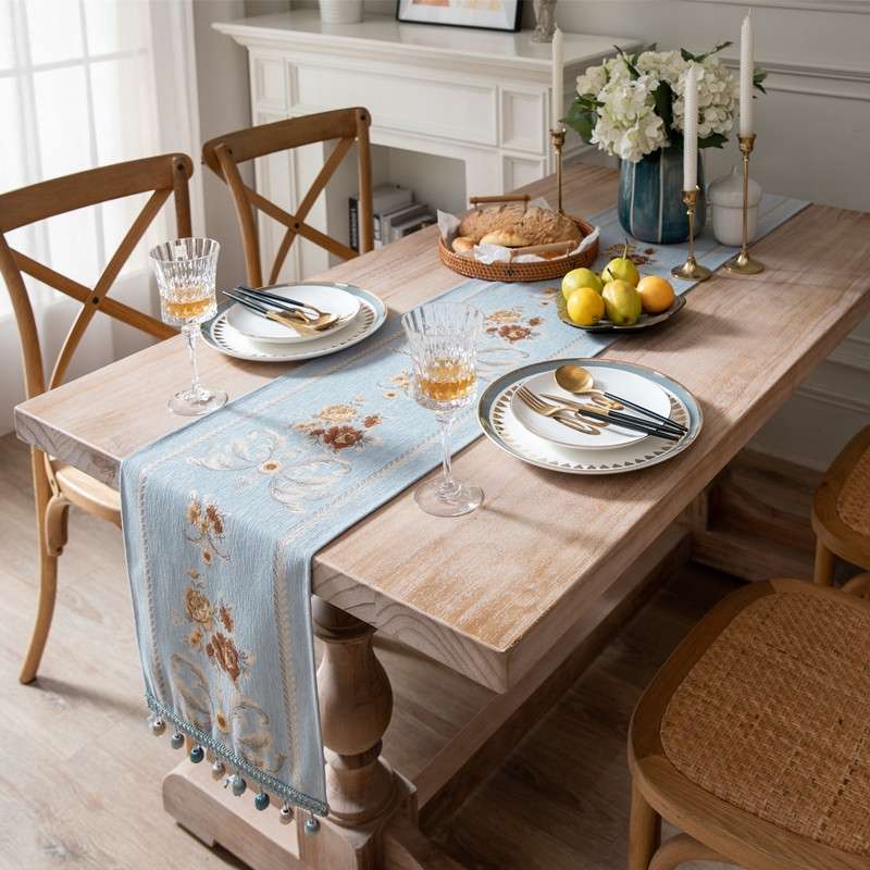 Home Vintage Flower Chenille Beads Table Runner, Size: 32x180cm(Navy)