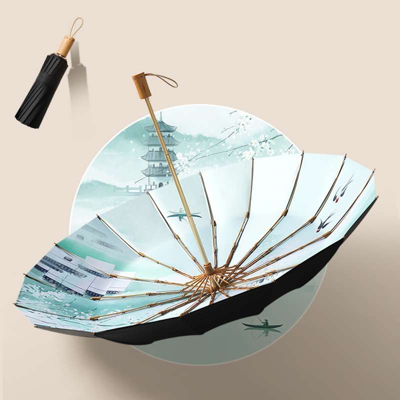 3-fold 16-bone Hand Open Umbrella Retro Wood Handle Black Glue Sunshade Umbrella(Sunset Mountain)