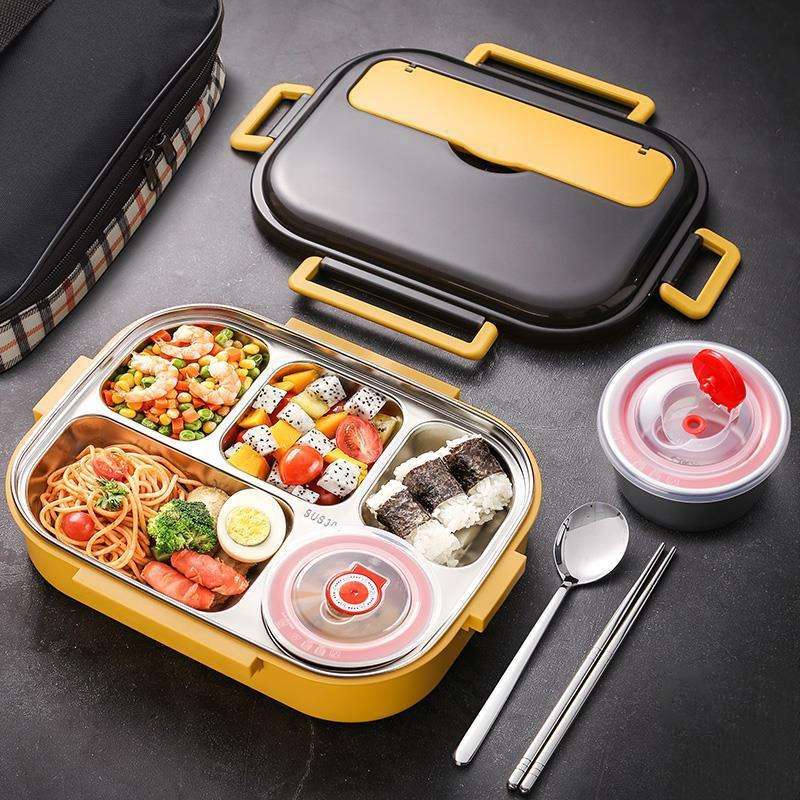 304 Stainless Steel Double-Layer Large-Capacity Portable Lunch Box, Color: Lemon Yellow(Large 5 Grid