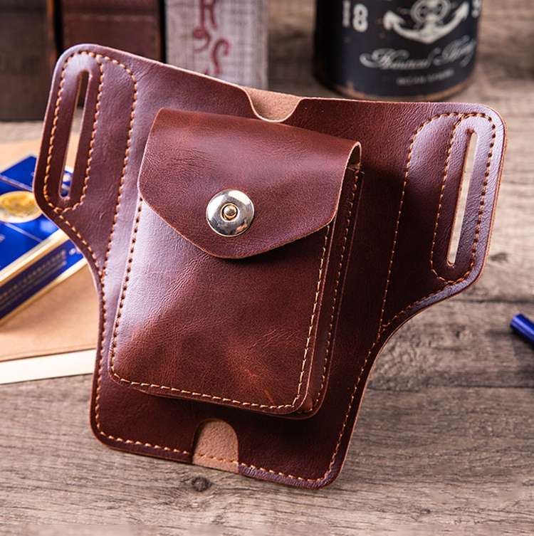 Y-17 3 In 1 Lighter Phone Cigarette Box Storage Waist Bags(Crazy Horse Apricot)