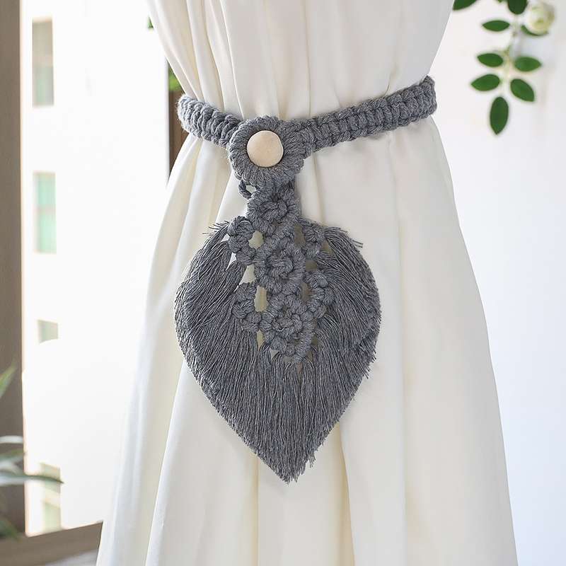 Hand Braided Wooden Bead Curtain Tie Free Buckle Tassel Tie Rope 13x40cm(Coffee)