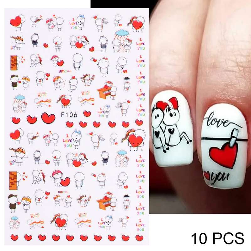 10 PCS Cartoon Heart Letters Comic Character Nail Art Sticker 3D Adhesive Nail Stickers(F640)