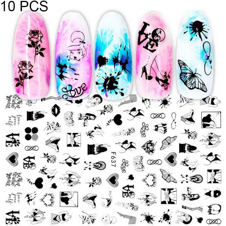 10 PCS Cartoon Heart Letters Comic Character Nail Art Sticker 3D Adhesive Nail Stickers(F640)