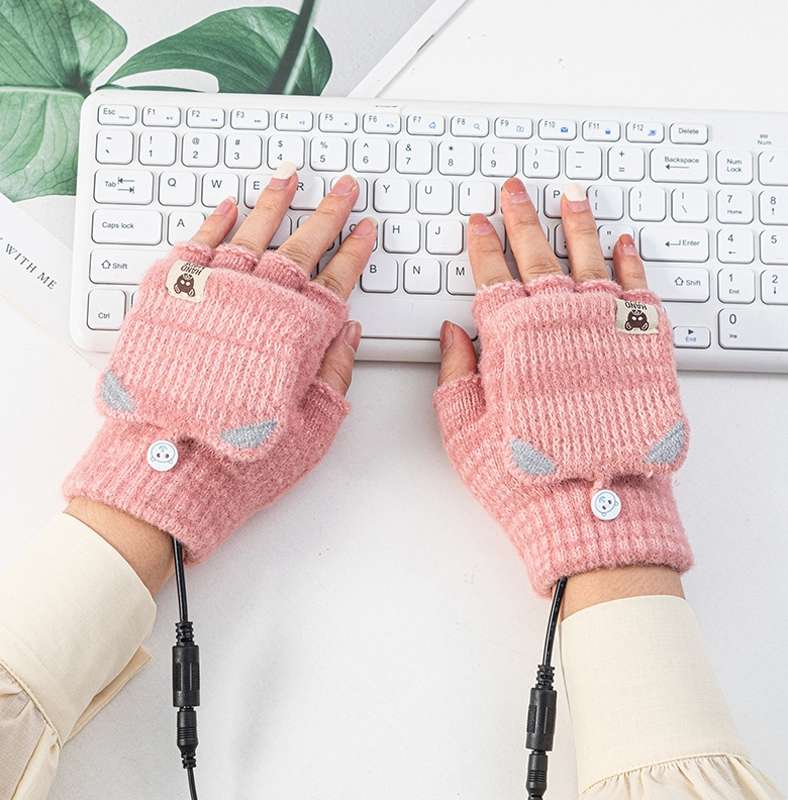 Winter Office USB Heating Warm Half Finger with Cover Gloves Heated Pad, Size: Free Size(Blue)