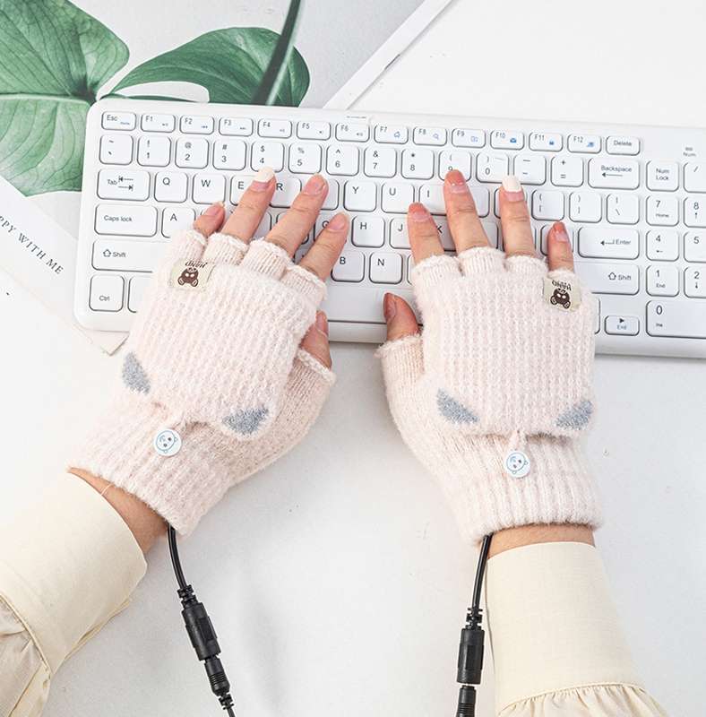 Winter Office USB Heating Warm Half Finger with Cover Gloves Heated Pad, Size: Free Size(Blue)