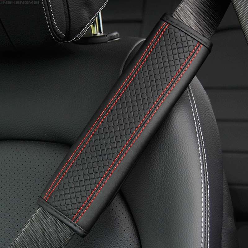 Fiber Leather Embossed Car Seat Belt Shoulder Cover Protector 6.5X23cm(Black Red)
